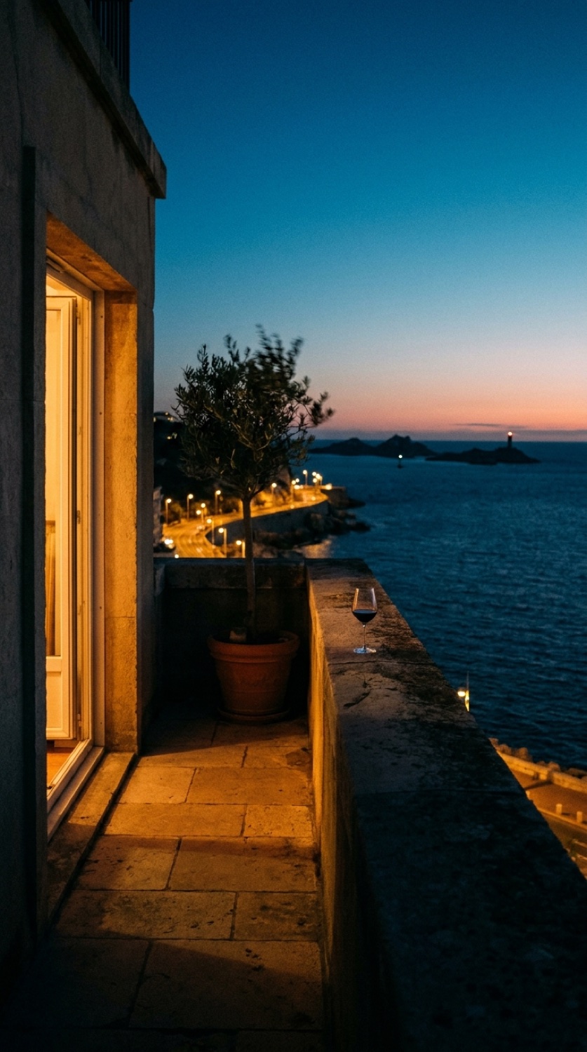 Terrasse à l'heure bleue, verre de vin face à la mer