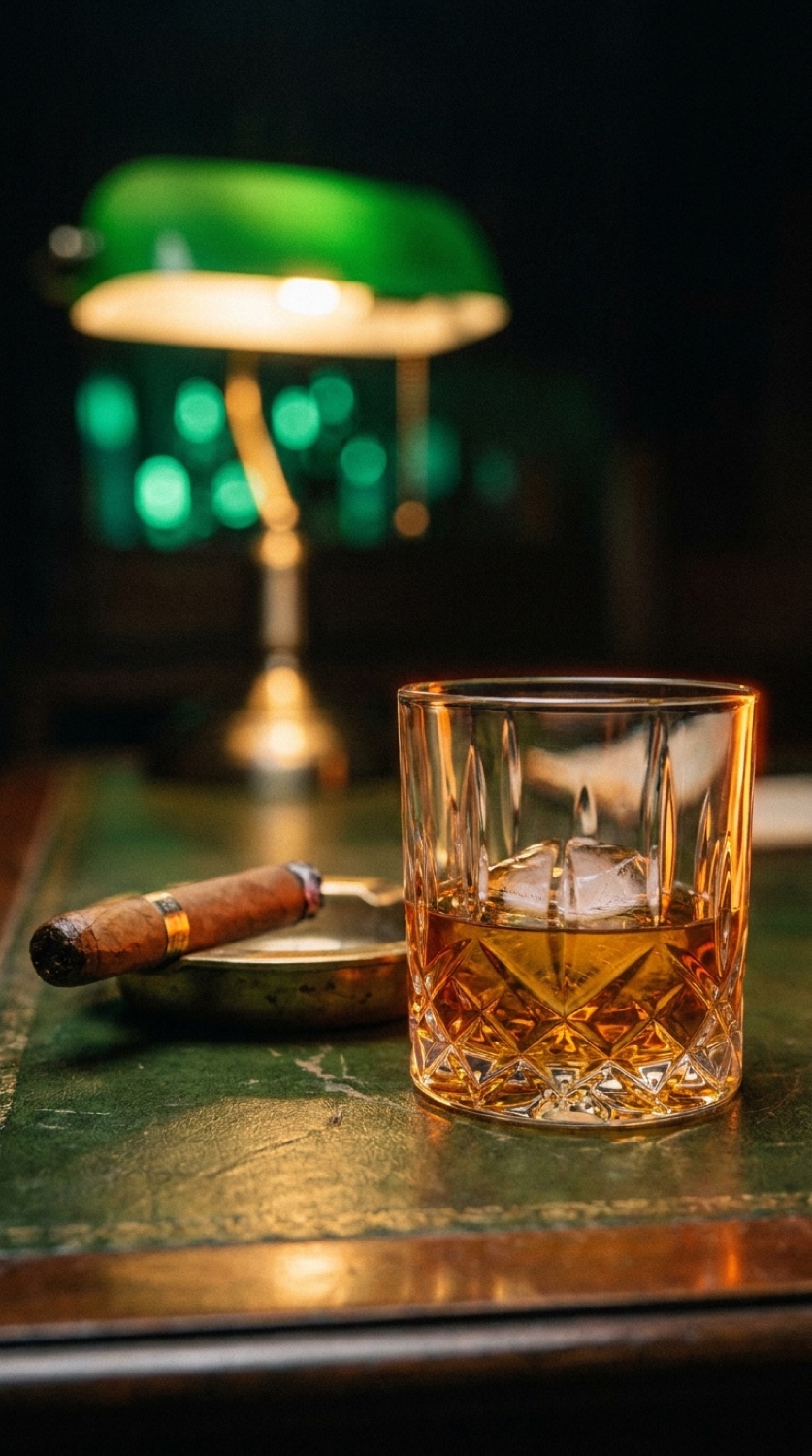 Whisky et cigare sous une lampe de banquier