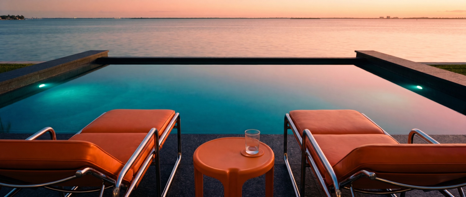 Infinity pool au crépuscule face à la mer